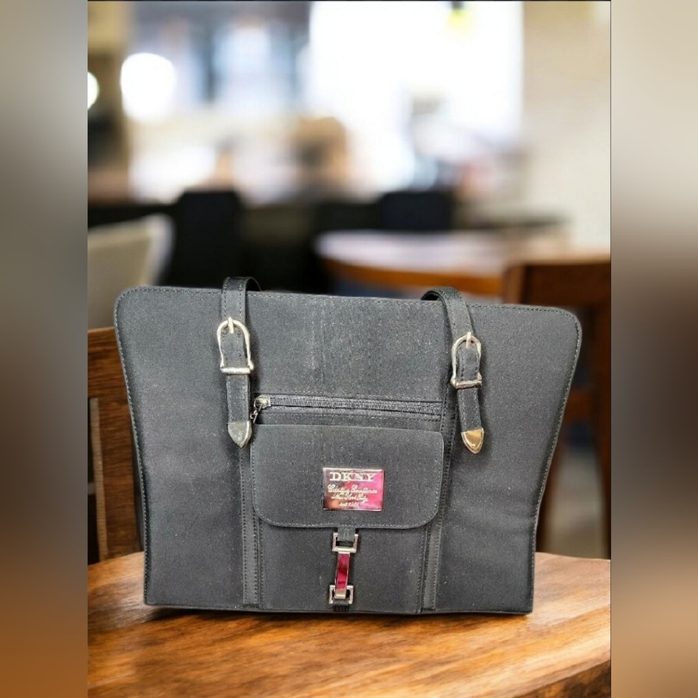 DKNY Black Microfiber & Leather Tote With Buckle Straps